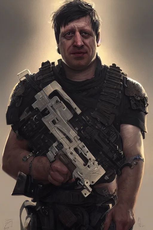 Image similar to Boris Johnson as Punisher, armor plate, realistic portrait, symmetrical, highly detailed, digital painting, artstation, concept art, smooth, sharp focus, illustration, cinematic lighting, art by artgerm and greg rutkowski and alphonse mucha