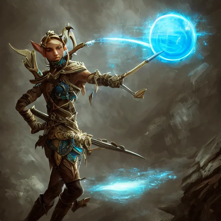 Prompt: an elf ranger with weapons drawn facing a glowing blue orb, fantasy concept art, trending on artstation, video game concept art, highly detailed, cinematic lighting, digital art, dark fantasy