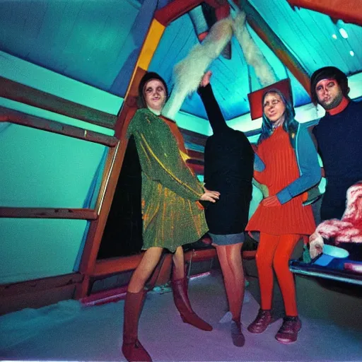 Image similar to first-person perspective view of three people wearing discowear having a party inside of a 1970s luxury a-frame cabin with a soviet computer console on the wall, exterior is a winter evening forest, ektachrome photograph, f8 aperture