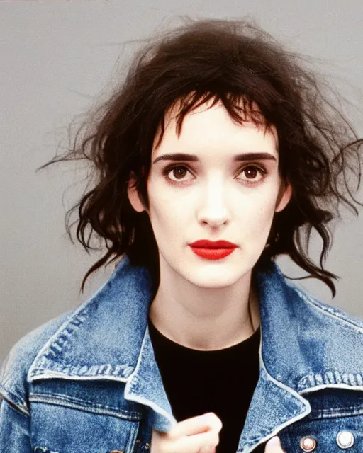 Image similar to headshot of young winona ryder, wearing a black bleather jacket, tom waits t - shirt and blue jeans with a belt, photoshoot in the style of annie leibovitz, soft focus, bokeh