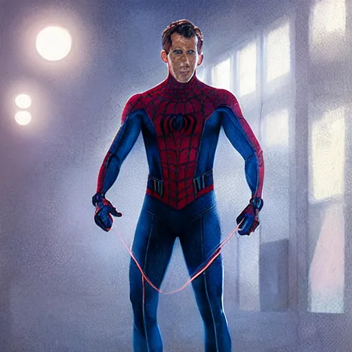 Image similar to ryan reynolds as spider - man, wearing a black and blue suit, cinematic, volumetric lighting, f 8 aperture, cinematic eastman 5 3 8 4 film, photorealistic by greg rutkowski, by stanley artgerm, by alphonse mucha