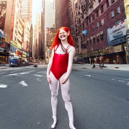 Image similar to a girl with a giant smile:: red hair:: freckles:: septum jewelry:: fair skin:: tattered ballet clothes:: she is holding a large sword:: standing in a busy street:: in New York city:: wide angle:: tilt shift lens:: full body:: long shot:: volumetric lighting:: cinematic:: 8K:: octane render:: trending on artstation:: hyper realistic:: photo realistic:: extreme detail::