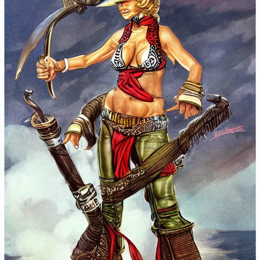 Image similar to full body concept art of a female pirate by Patrick Woodroffe