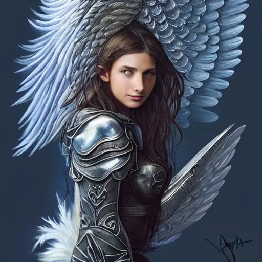 Prompt: portrait of young aasimar angel valkyrie warrior girl maiden wearing comfy leather armor with beautiful feathered angel wings, blue eyes, Emily Ratajkowski, innocent, intricate, elegant, highly detailed, ultradetailed, hyperdetailed, artstation, concept art, smooth, sharp focus, illustration, art by artgerm and greg rutkowski and alphonse mucha, Blizzard, Elden Ring