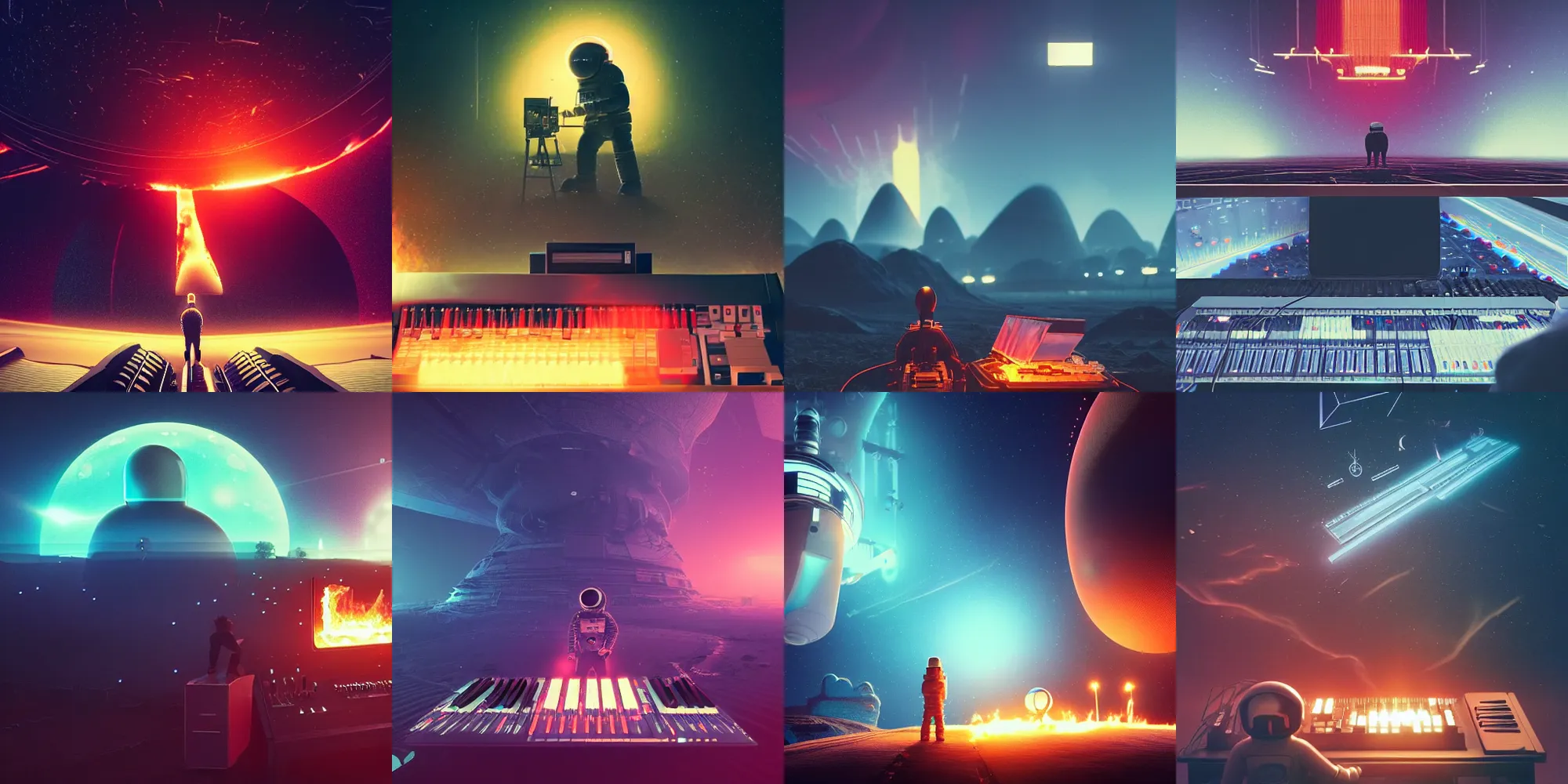 Prompt: beautiful dark landscape, astronaut looking at a giant old analog synthesizer with keyboard on fire, in the style of beeple and Mike Winkelmann, intricate, epic lighting, cinematic composition, hyper realistic, 8k resolution,