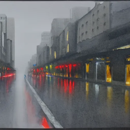 Image similar to A watercolor of an empty Wukang Road in Shanghai, a rainy street with cloudy overcast sky, poignant, high contrast of light and dark, smooth, by Joseph Zbikowicz, 8k