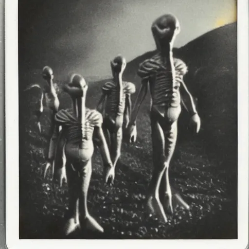 Image similar to polaroid photograph of horrorific alien beings visiting earth, 1 9 5 0