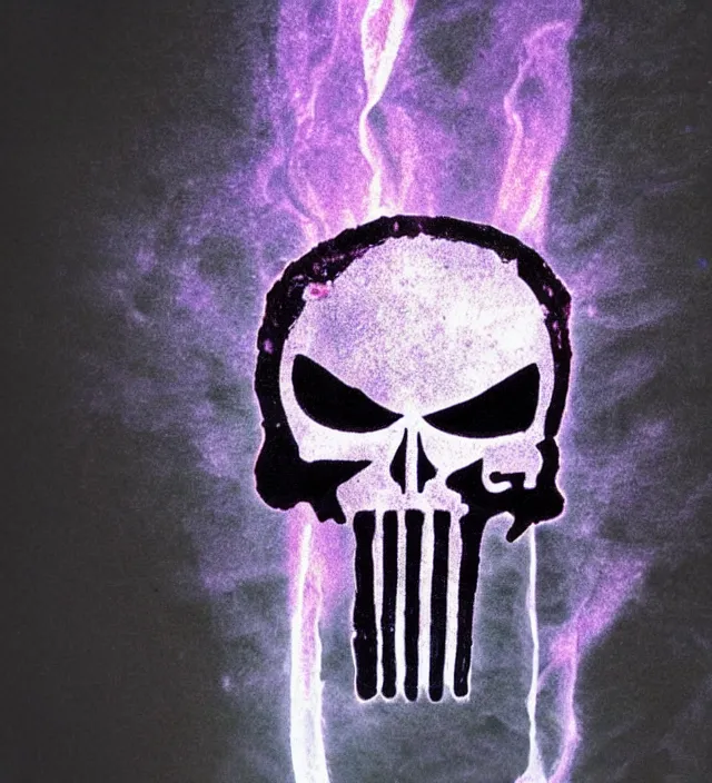 Image similar to punisher symbol is luminous deep purple crystal growing in a cave with smoke and light rays.