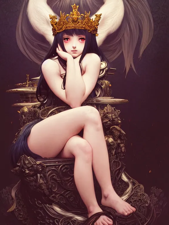 Prompt: full body picture of a girl with wolf ear sitting on the throne, bored, beautiful and aesthetic, intricate, unreal engine, messy hair, highly detailed, detailed face, smooth, sharp focus, chiaroscuro, manga illustration, artgerm, greg rutkowski, ilya kuvshinov, rossdraws, alphonse mucha, young adult light novel cover art