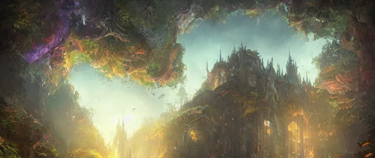 Prompt: huge academic castle city in the forest behind a garden, concept art, digital painting, style of jordan grimmer, warm lighting, futuristic, volumetric lighting, view from below, vivid colours, bright, daytime, godrays, high detail