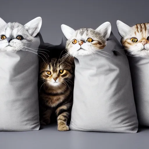 Image similar to a highly detailed photo of multiple furry cats inside a big sack, gray background, studio lighting, 4 k, 8 k