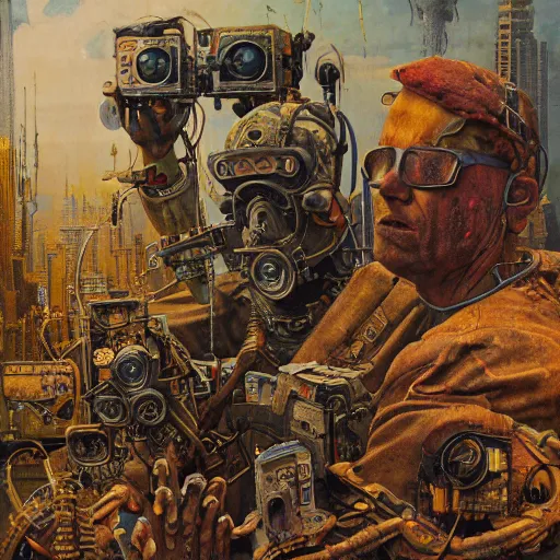 Prompt: junky men with competer, cybertronic gadgets and vr helmet, durty colours, rotten textures, rusty shapes, flesh + technology, biotechnology, norman rockwell, tim hildebrandt, dariusz zawadzki, bruce pennington, larry elmore, intricate complicity, hyperrealistic oil painting on canvas, deep depth field, cinematic composition, hyper - detailed