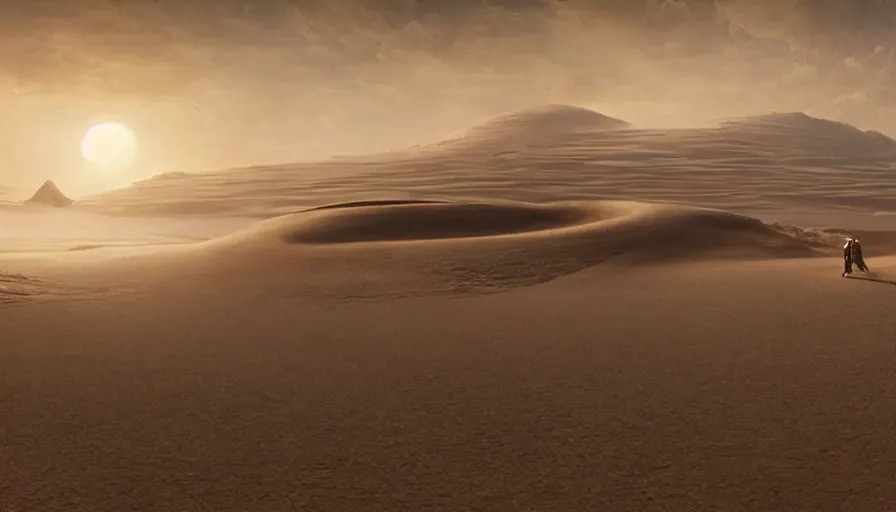 Image similar to a beautiful photo realistic still image from the movie dune, hyperrealistic, highly detailed by kalin popov and greg rutkowski