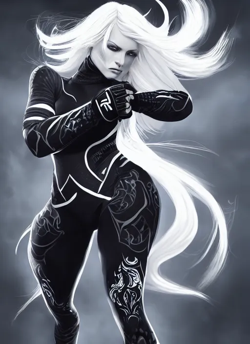 Image similar to a highly detailed illustration of fierce platinum blonde woman wearing black mma gear, heroic fighting stance pose, intricate, elegant, highly detailed, centered, digital painting, artstation, concept art, smooth, sharp focus, league of legends concept art, wlop