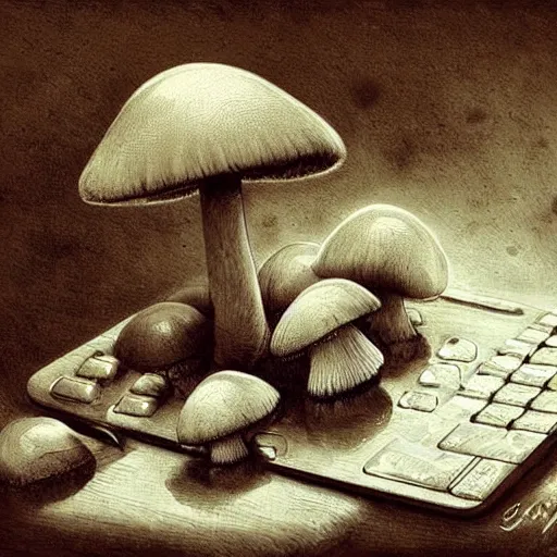 Image similar to mushrooms as keys on computer keyboard, by jean - baptiste monge