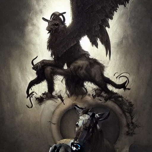 Image similar to baphomet with goat horns holding an animal skull, style of da vinci, horror, fantasy illustration, by greg rutkowski