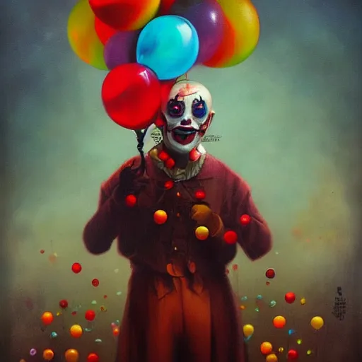 Image similar to creepy clown with colourful marbles and balloons, realistic, by Anato Finnstark, Tom Bagshaw, Brom