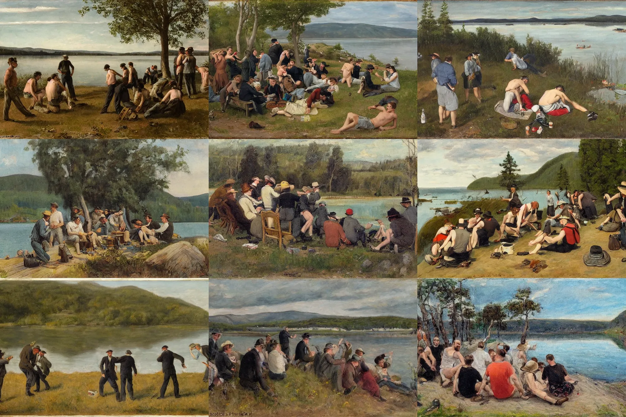 Prompt: 7 mid - thirties guys drunk in front of a lake, in the style of fanny brate