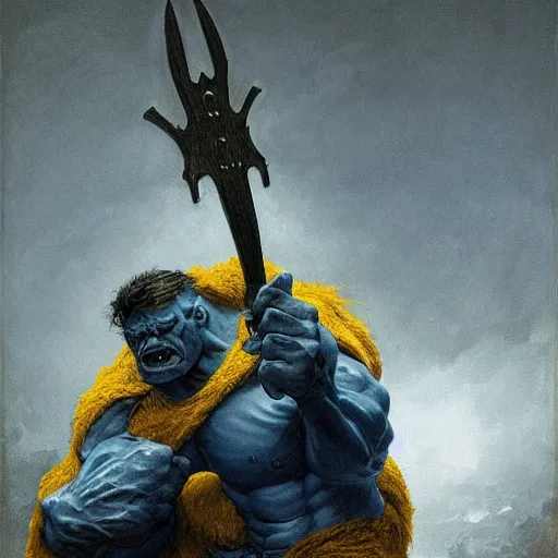 Image similar to artstation concept a midnight blue hulk holding an axe, dusty yellow background, grotesque face, hyperdetailed, artstation trending, world renowned artists, worth 1 0 0 0. com, historic artworks society, antique renewel, cgsociety, by greg rutkowski, by gustave dore, deviantart