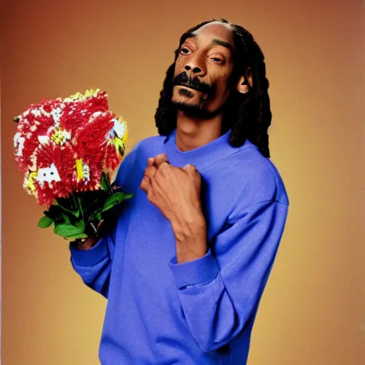 Image similar to Snoop Dogg crying while holding a Vase of flowers for a 1990s sitcom tv show, Studio Photograph, portrait, very sad C 12.0