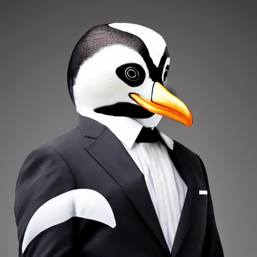 Prompt: Photo of a man in a suit wearing a latex mask of a penguin, dramatic lighting