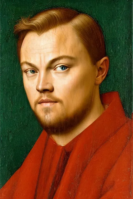 Image similar to 1 4 0 0 s renaissance portrait of leonardo dicaprio oil painting by jan van eyck, northern renaissance art, oil on canvas, wet - on - wet technique, realistic, expressive emotions, intricate textures, illusionistic detail