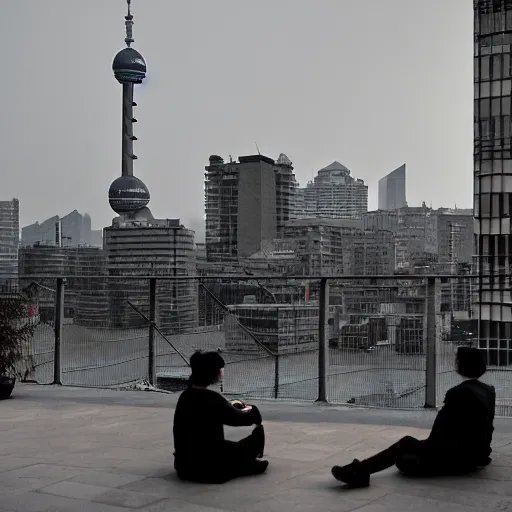 Image similar to a small rooftop with a couple of people sitting and watching the view, wearing black modern clothes, modern shanghai bund is on the background, sunset, by gregory crewdson