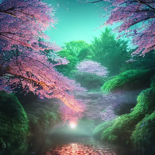 Prompt: photorealistic beautiful cherry blossom forest with paper lanterns illuminating the stone pathway. hyperdetailed photorealism, 1 0 8 megapixels, river, amazing depth, glowing rich colors, powerful imagery, psychedelic overtones, 3 d finalrender, 3 d shading, cinematic lighting, artstation concept art