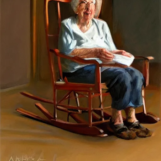 Prompt: painting in the zandinsky style of a grandmother sitting in a rocking chair, surrounded by her grandchildren, while she tells them a story, hiperrealism, artstation