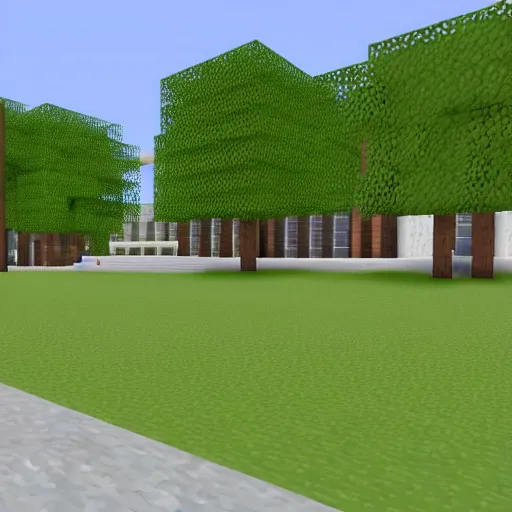 Prompt: college campus sidewalk with a rectangular and new college building in the background. ( grass ), minecraft style