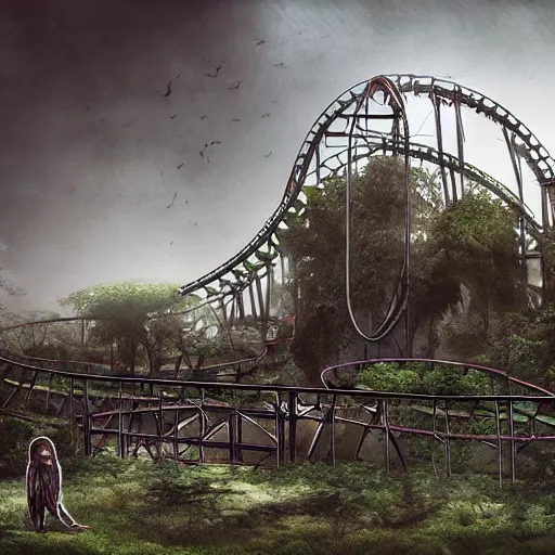 Prompt: abandoned theme park with large rollercoaster that has vines hanging from it, also a carusell with creepy look, matte painting, sharp focus, fog, hazy, heavy atmosphere, desaturated, highly detailed, artgerm, caravaggio, rutkowski