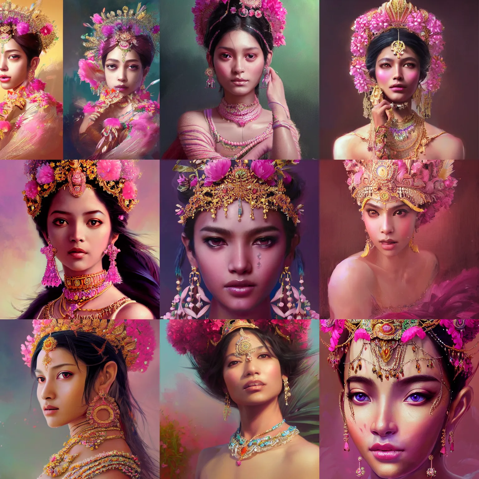 Prompt: expressive oil painting, of indian princess, smooth glowing skin, ornate headpiece made from pink flowers, glamour shot, by yoshitaka amano, by greg rutkowski, by jeremyg lipkinng, by artgerm, digital art, octane render