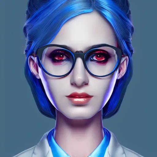 Prompt: Hot young woman, mad scientist, wearing lab coat and a blouse, wearing glasses, long blue hair, cybernetic eye, robotic left arm, cybernetic, futuristic, hyperdetailed, digital art, artstation, concept art, 4k, 8k