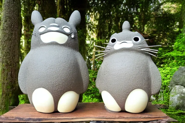 Prompt: shinto shrine statue of totoro in a wooden shrine