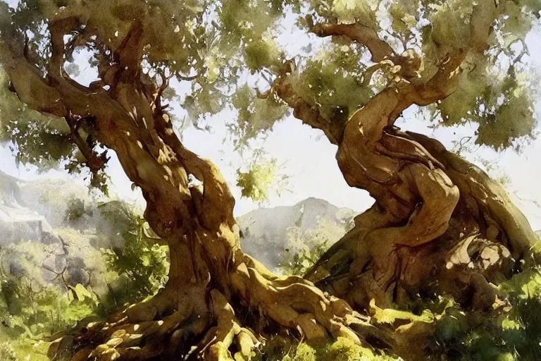 Prompt: watercolor painting of olive tree, scandinavian mythology, art by hans gude, art by hans dahl, by jesper ejsing, art by anders zorn, wonderful masterpiece by greg rutkowski, cinematic light, american romanticism by greg manchess, creation by tyler edlin