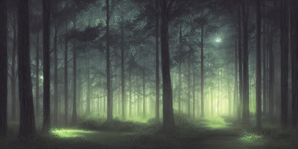 Image similar to a forest at night, cinematic angle, studio Ghibli, cinematic lighting, digital art, detailed oil painting, hyperrealistic, 8k