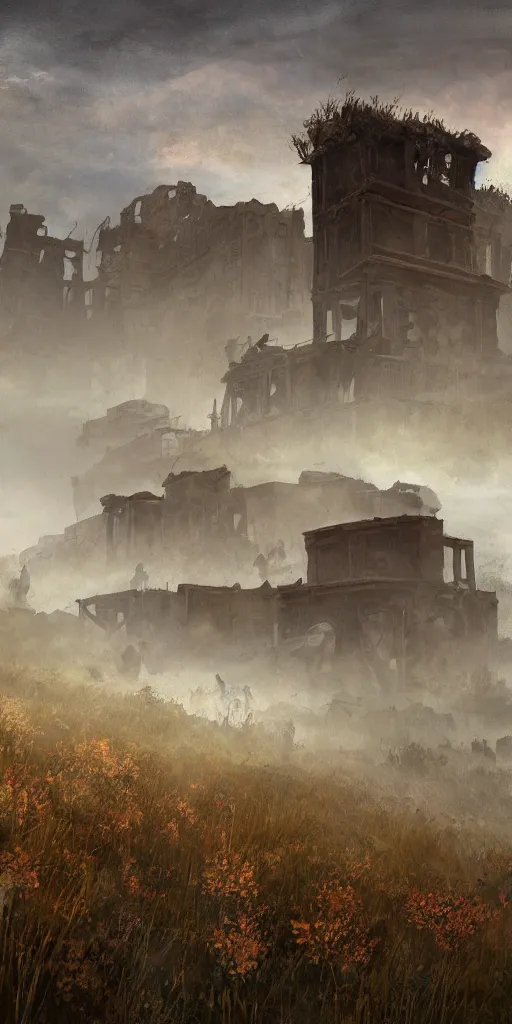 Image similar to rusty broken building constructions of a giant staircase for multiple cases, leading to the sky, the ruins, in the steppe, autumn field, misty background, from the game pathologic 2, highly detailed, sharp focus, matte painting, by isaac levitan and asher brown durand,
