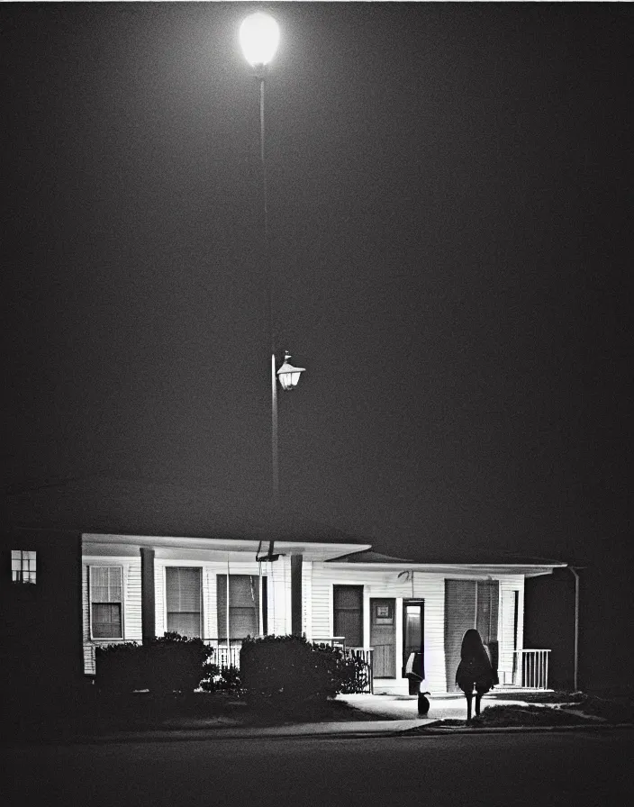 Image similar to “ quiet american neighborhood at night, a woman waiting with a black umbrella, photography in the style of gregory crewdson, mist, rule of thirds ”