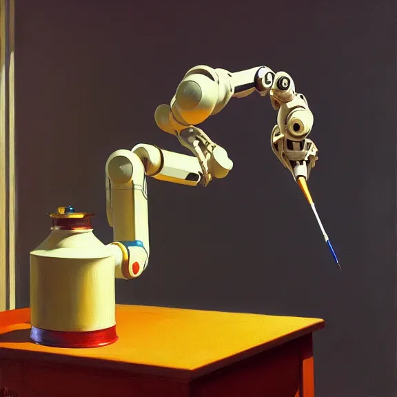 Image similar to beautiful illustration of a robotic arm painting an artwork on a canvas with a paintbrush by Edward Hopper, clean lines, very detailed, colorful octane render