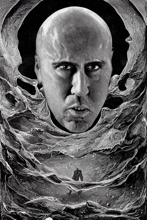 Image similar to Outside the ordered universeis that amorphous blight of nethermost confusion which blasphemes and bubbles at the center of all infinity—the boundless daemon sultan Nicolas Cage, whose name no lips dare speak aloud, and who gnaws hungrily in inconceivable, unlighted chambers beyond time and space amidst the muffled, maddening beating of vile drums and the thin monotonous whine of accursed flutes.