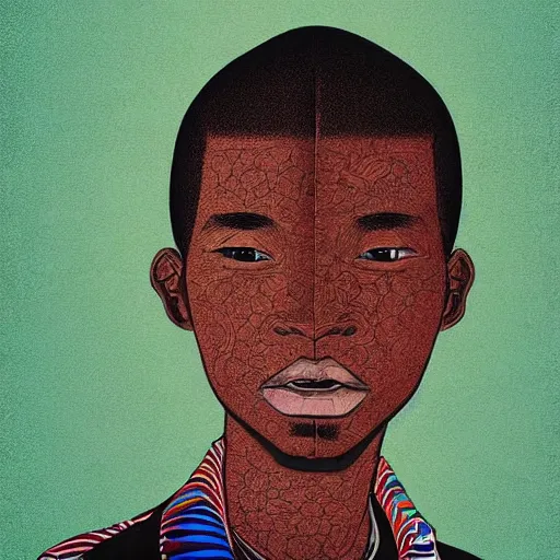 Image similar to upper half - claymation portrait - of a nigerian boy, art style by utagawa kunisada & james jean, symmetrical, intricate detail, caricature, concept art, volumetric light, ray tracing, sharp, smooth, pinterest, behance, art station,