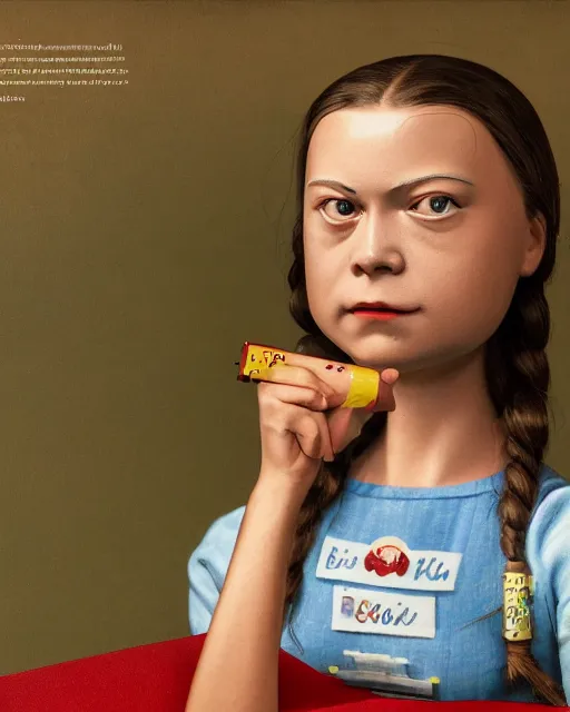 Image similar to closeup face profile portrait of greta thunberg as a tin toy 1 9 5 0 s chemistry teacher, bikini, depth of field, zeiss lens, detailed and intricate environment, fashion photoshoot by nicoletta ceccoli, mark ryden, lostfish, breathtaking, 8 k resolution, artistic, hyperrealistic, octane render