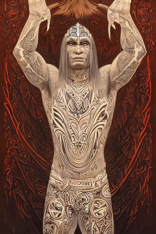 Image similar to a beautiful painting of full - body maori warrior, wisdom, good and evil, white ink + magical + symmetrical + detailed intricate + heraldic design + atmosphere high details, in the style of jean delville, artstation, 8 k, 4 k, cinematic