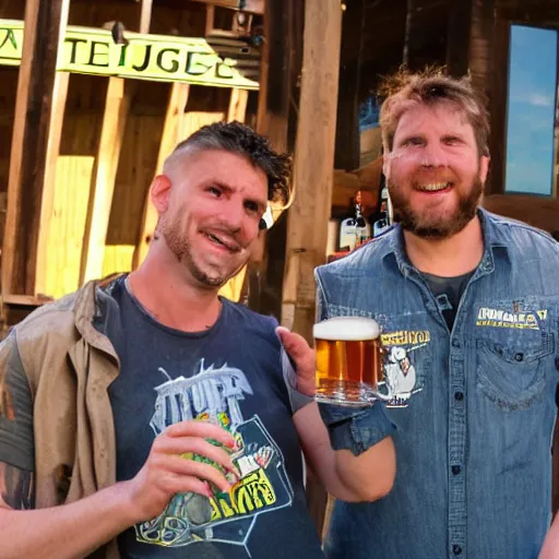 Prompt: 2 members of turbojugend stand and drink beer