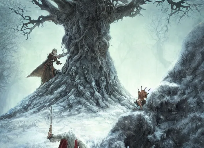 Prompt: a young guard hiding on a tree as another guard is slaughtered by a frost zombie beneath the tree, cinematic fantasy painting, dynamic, game of thrones, jessica rossier and brian froud and marc simonetti