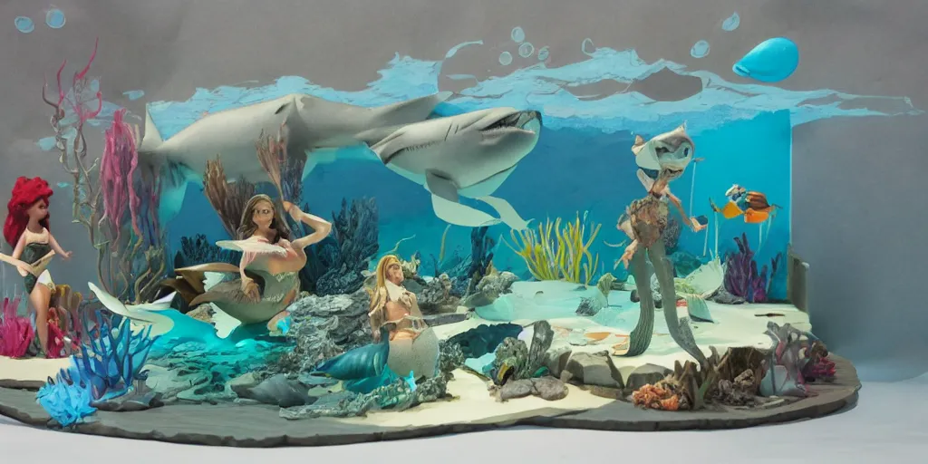 Image similar to paper craft diorama of an underwater party with a king shark and a mermaid