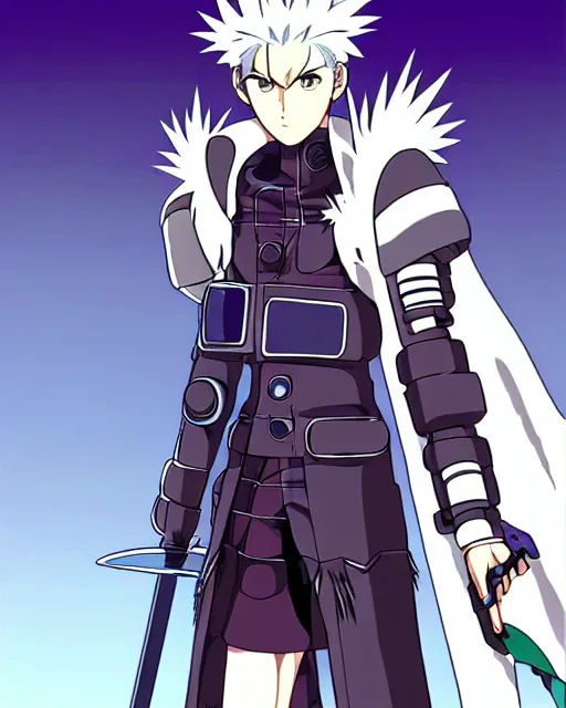 Image similar to beautiful cyberpunk anime boy spiked hair character metal sharp armor award winning character design by studio ghibli