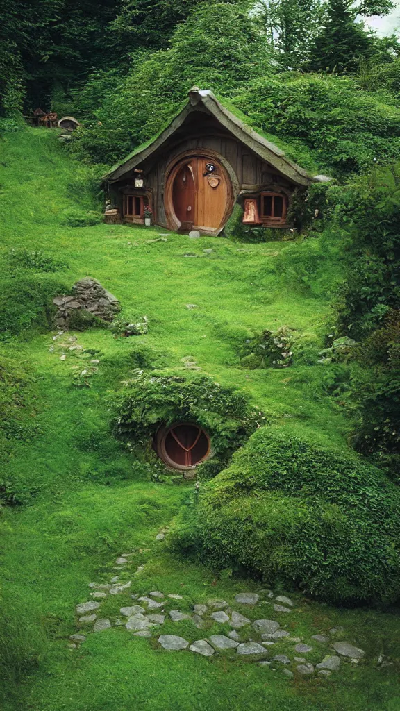 Image similar to studio ghibli hobbit home in the irish countryside, the shire, 35mm photography by gregory crewdson