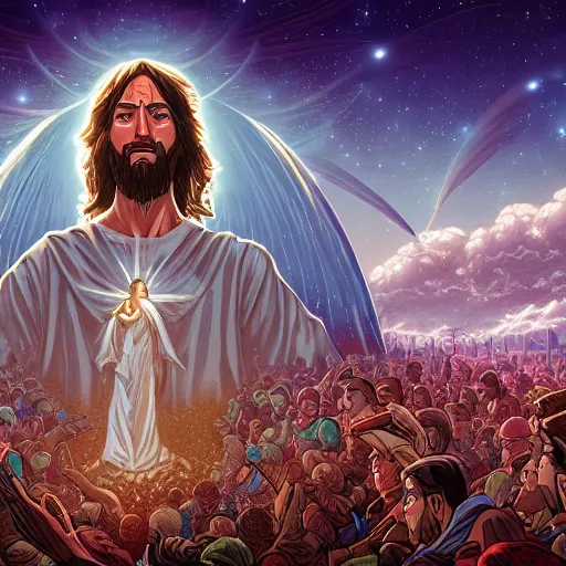 Image similar to the first coming of jesus by dan mumford, yusuke murata, makoto shinkai, ross tran, cosmic, heavenly, god rays, intricate detail, cinematic, 8 k, cel shaded, unreal engine, featured on artstation, pixiv