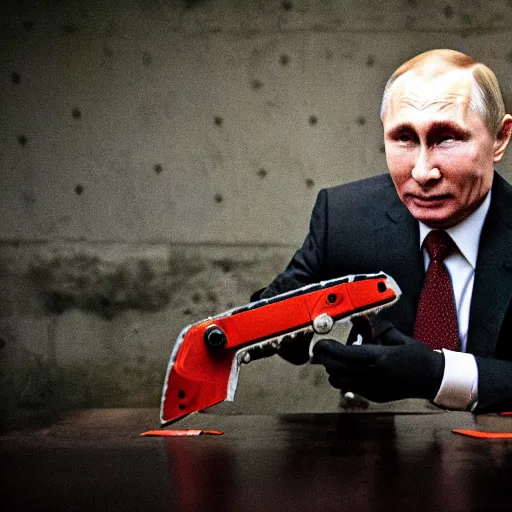 Image similar to putin with a chainsaw and a corpse. in a concrete bunker. focus on putins face with blood splatters. canon eos r 3, f / 1. 4, iso 1 6 0 0, 1 / 8 0 s, 8 k, raw, grainy